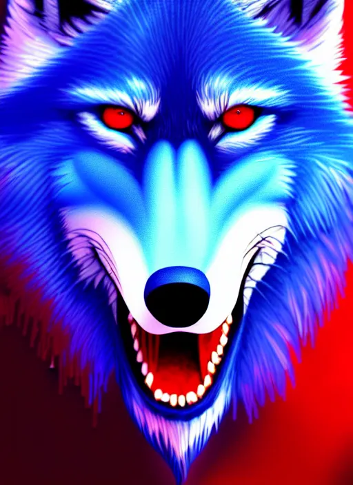 Image similar to blue wolf, red eyes highly detailed, deep focus, digital painting, smooth, sharp focus, anime art style, trending on artstation, 4 k