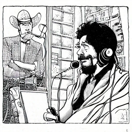 Image similar to drawn in the style of jean giraud!! moebius!! rackham the red wearing headphones and speaking into big microphone, podcast studio