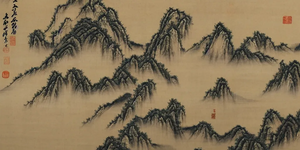 Prompt: A Tang dynasty poem with a beautiful traditional Chinese painting of distant mountains