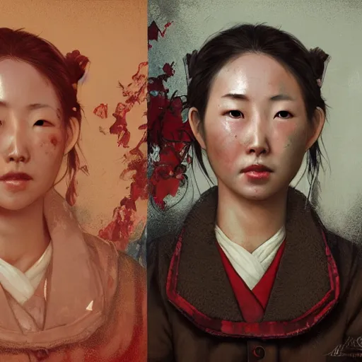 Prompt: portrait painting of a bloodied north korean female butcher, ultra realistic, concept art, intricate details, eerie, highly detailed, photorealistic, octane render, 8 k, unreal engine. art by artgerm and greg rutkowski and alphonse mucha