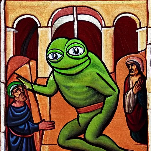 Image similar to pepe the frog in the raising of lazarus, style of michaelangelo