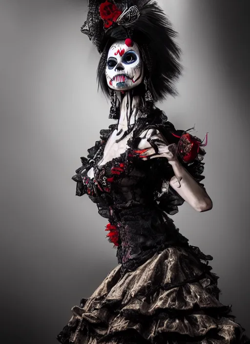 Image similar to a Photorealistic dramatic hyper realistic render of a glamorous Mexican Catrina, smoke by Ken Brower and Deborah Ory, Lois Greenfield, Beautiful dynamic dramatic dark moody lighting, volumetric, shadows, cinematic atmosphere, Octane render, 8K