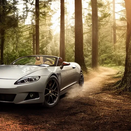 Prompt: a roadster covered by cat hair parking in the forest, warm light, front view, centered, 4k, hd, highly detailed