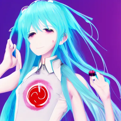 Image similar to hatsune miku high on weed with bloodshot eyes smoking with a vape pen, artstation, 4 k