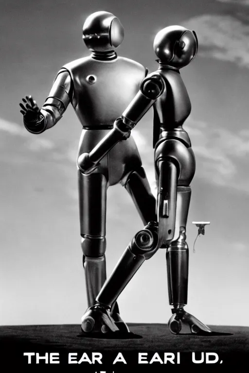 Image similar to the day the earth stood still 1 9 5 1 silver gort robot holding a black rifle gun, art work, uhd, sharp, detailed, cinematic 4 k