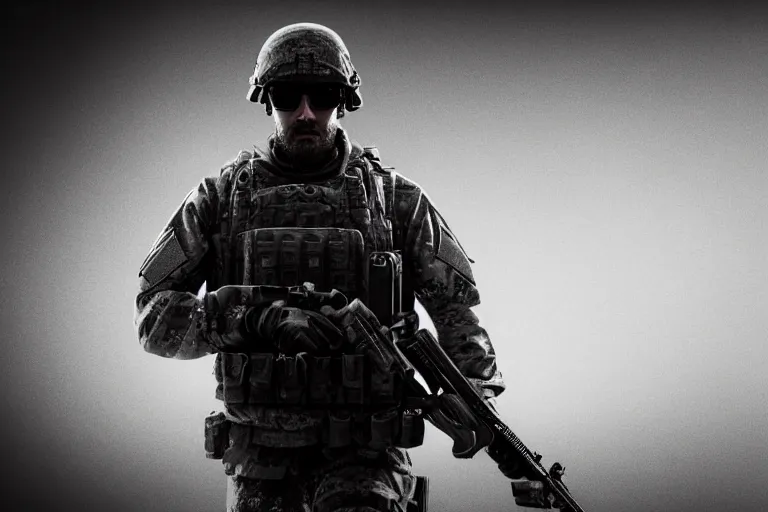 Image similar to still photo of modern warfare soldier looking at the camera in a battlefield, black and white color aesthetic, highly detailed, photorealistic portrait, bright studio setting, studio lighting, crisp quality and light reflections, unreal engine 5 quality render