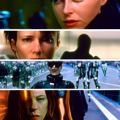 Image similar to The matrix, LeeLoo, Starship Troopers, Sprinters in a race, The Olympics footage with crowd cheering, intense moment, cinematic stillframe, shot by Roger Deakins, The fifth element, vintage robotics, formula 1, starring Geena Davis, clean lighting