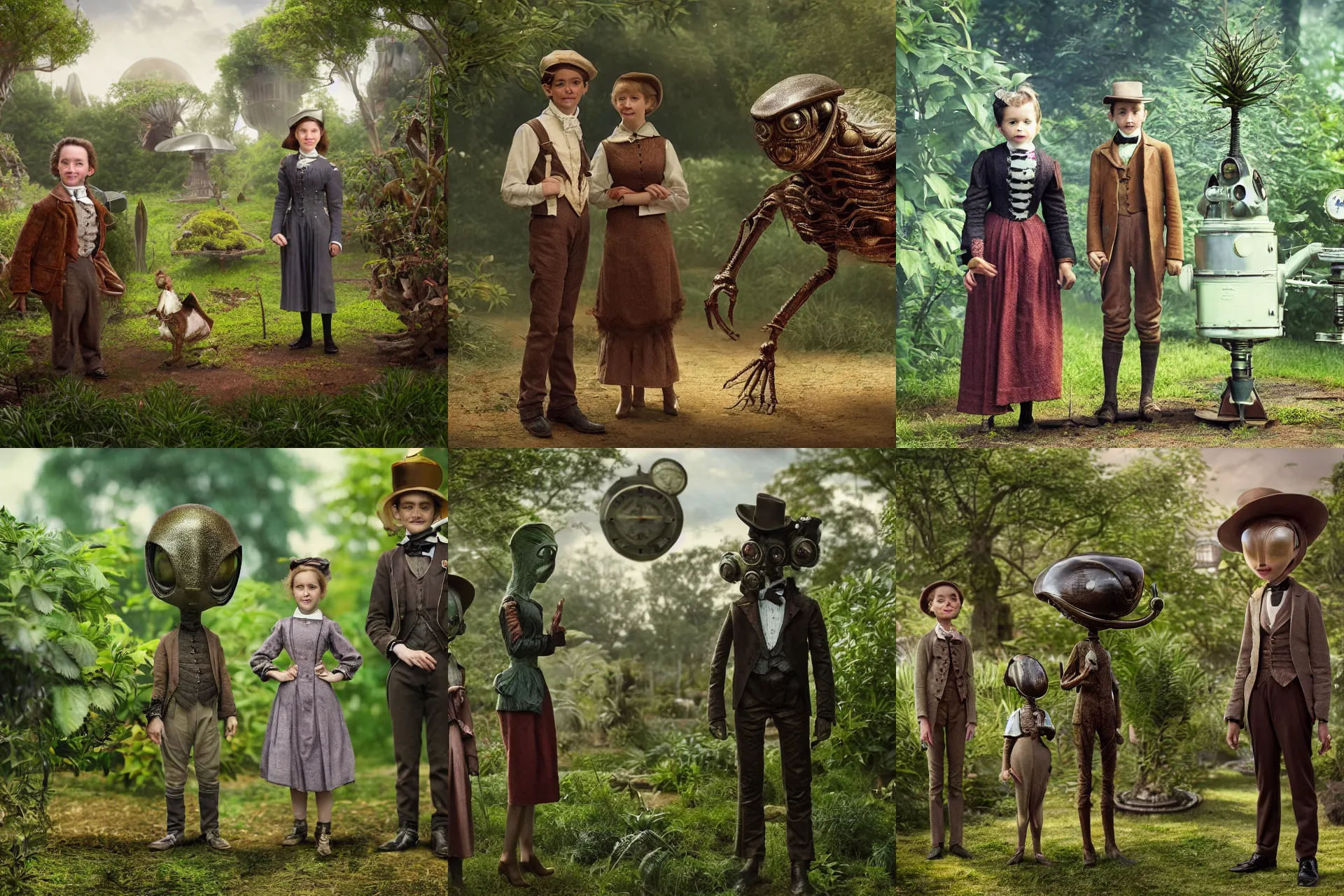 Prompt: detailed, sharp, a girl and a boy standing next to some alien plants, looking happy, wearing 1860s era clothes, their small pet alien creature is standing nearby, in a park on an alien planet, steampunk, extremely highly detailed, hyperrealistic, still from a sci fi movie, 8k, HD, good lighting