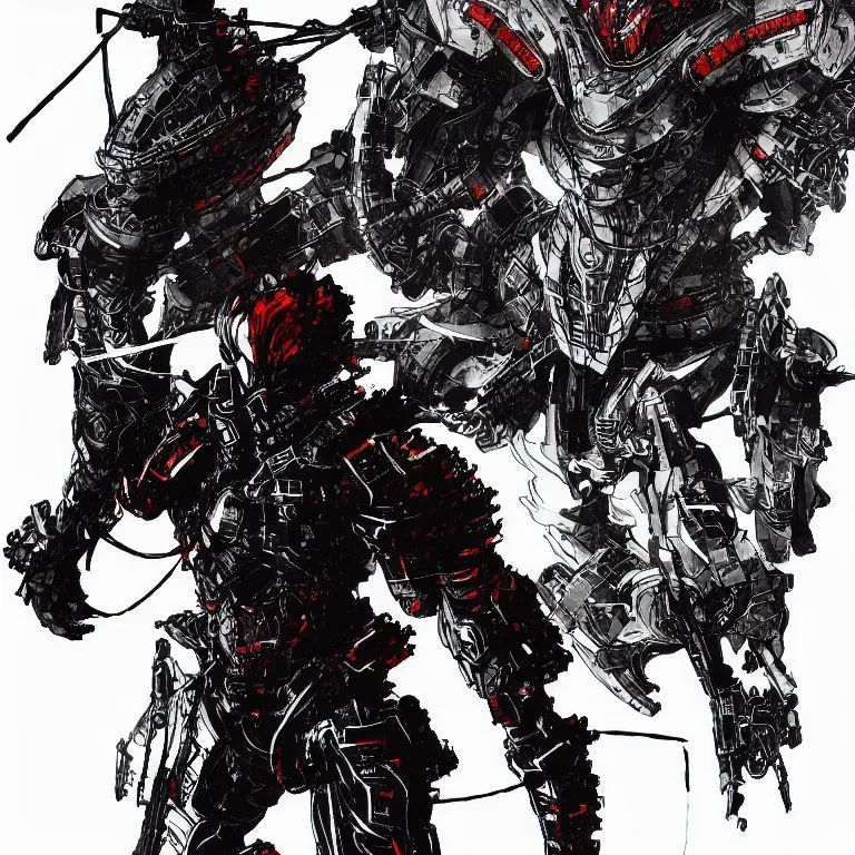 Prompt: a drawing of a lone cybernatic samurai, blue armor, fire and water, by yoji shinkawa and tsutomu nihei, detailed art, highly detailed, trending on artstation