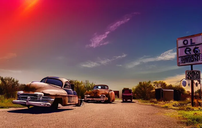 Prompt: A beautiful colorful evening scene of route66, 1950’s old road with abandoned gas station and rusty old pickup truck in the back, hyper realistic, softlight, blinding backlight evening sun, sparkling sun rays, epic scene, intense setting, evening vibe