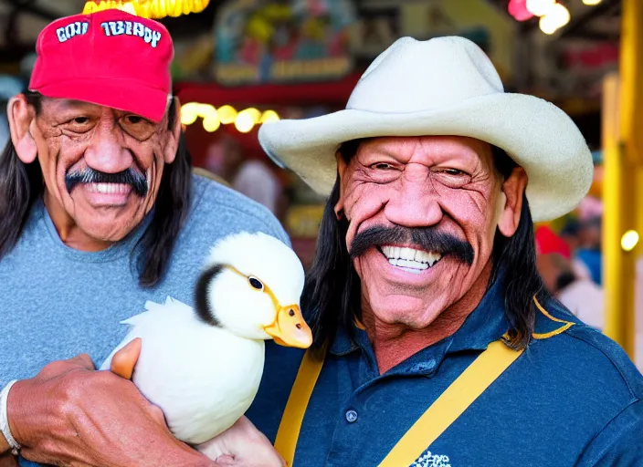Image similar to photo still of danny trejo at the county fair!!!!!!!! at age 5 6 years old 5 6 years of age!!!!!!!! holding a baby duck he won, 8 k, 8 5 mm f 1. 8, studio lighting, rim light, right side key light