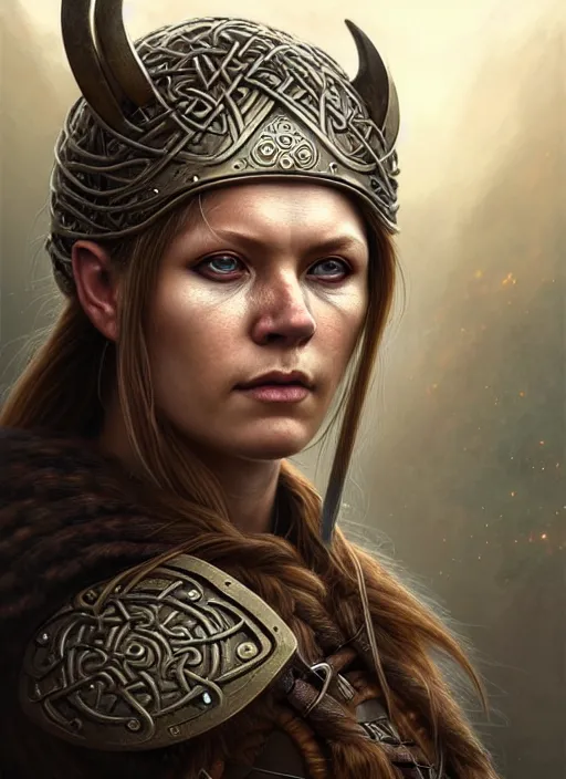 Image similar to closeup portrait shot of a female viking warrior in a scenic dystopian environment, intricate, elegant, highly detailed, centered, digital painting, artstation, concept art, smooth, sharp focus, illustration, artgerm, tomasz alen kopera, peter mohrbacher, donato giancola, joseph christian leyendecker, wlop, boris vallejo