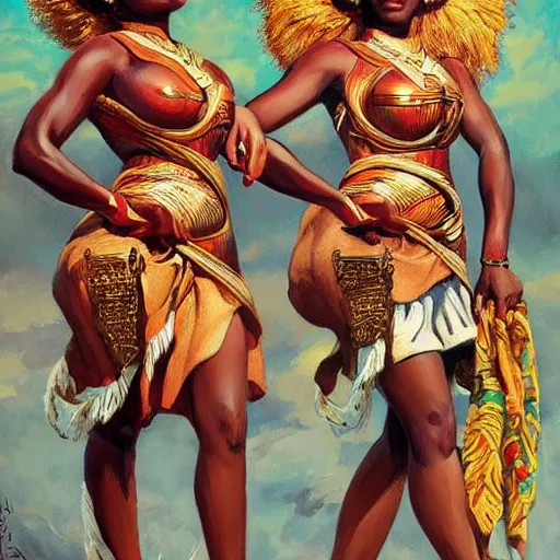 Image similar to : Zulu goddesses holding hands, fanart + digital art + art by J.C. LEYENDECKER + 4K UHD IMAGE + STUNNING QUALITY