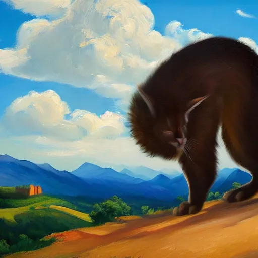 Image similar to a very detailed painting of giant cute fluffy caracal, blue sky with very aesthetic stylized clouds, there is a city with futuristic buildings in the back, there are blue mountains in the back, in the style of edward hopper and hugo pondz, very fine brushstrokes, 4 k,