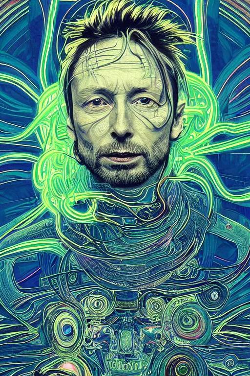 Image similar to A portrait of Thom Yorke as a cyberpunk wearing a bowler hat, iridescent highlights, surrounded by digital swirls, highly detailed, intricate, soft, sci-fi, sharp focus, glowing lines, art by Alphonse Mucha