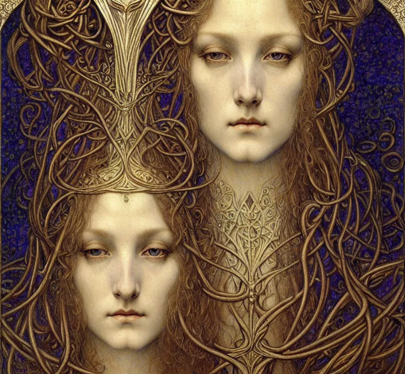 Image similar to detailed realistic beautiful young medieval queen face portrait by jean delville, gustave dore and marco mazzoni, art nouveau, symbolist, visionary, gothic, pre - raphaelite. horizontal symmetry