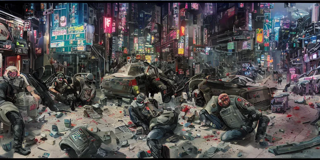 Image similar to 1992 Video Game Concept Art, Anime Neo-tokyo Cyborg bank robbers vs police, Set in Cyberpunk Bank Vault, bags of money, Multiplayer set-piece :9, Police officers hit by bullets, Police Calling for back up, Bullet Holes and Blood Splatter, :6 ,Hostages, Smoke Grenades, Riot Shields, Large Caliber Sniper Fire, Chaos, Cyberpunk, Money, Anime Bullet VFX, Machine Gun Fire, Violent Gun Action, Shootout, Escape From Tarkov, Payday 2, Highly Detailed, 8k :7 by Katsuhiro Otomo + Studio Gainax + Sanaril : 8