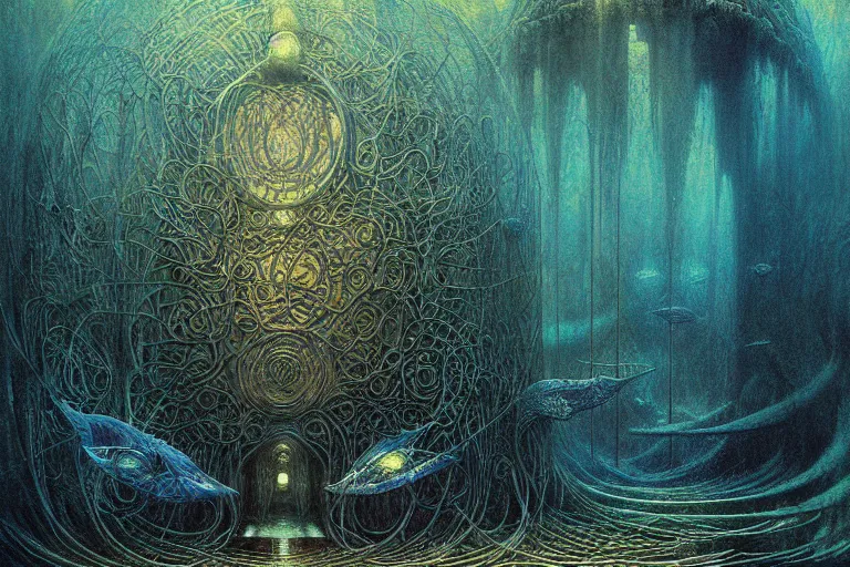 Image similar to underwater labyrinth by jean delville, luis royo, beksinski, grimshaw