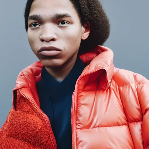 Image similar to realistic photoshooting for a new acne studio lookbook, color film photography, close up, model is wearing a puffer jacket, photo of a woman, photo in style of tyler mitchell, 3 5 mm, vetements, balenciaga, commes des garcon