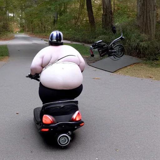 Image similar to morbidly obese american with severe diabetes riding on a scooter