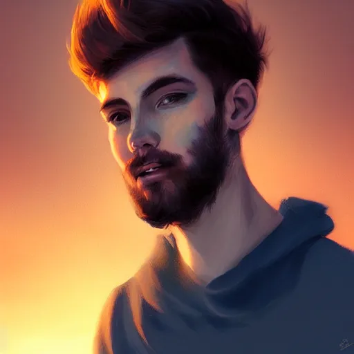 Image similar to young man with a light beard, beautiful sunset, high definition, concept art, digital painting, art by Bowater and Charlie