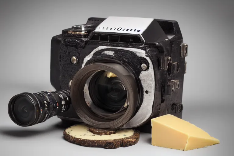 Prompt: a camera made of various types of cheese, Photo, photorealistic, details, studio lights