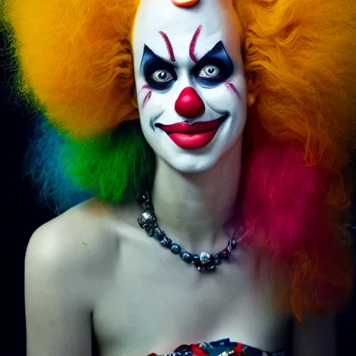 Image similar to uhd candid photo of krusty the clown wearing bizarre clown makeup, intricate clown costume. photo by annie leibowitz photorealistic hyperdetailed