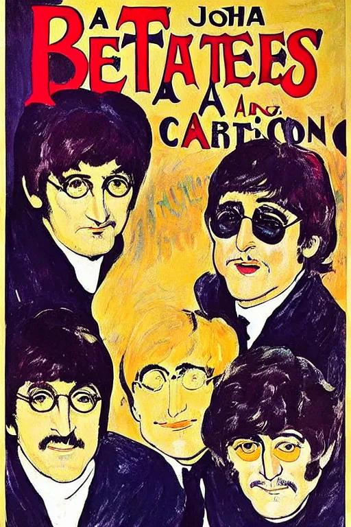 Prompt: a poster announcing a Beatles concert in a parisian cabaret depicting John Lennon, Paul Mccartney, George Harrrison and Ringo Starr, painting by Toulouse-Lautrec, high quality, masterpiece,