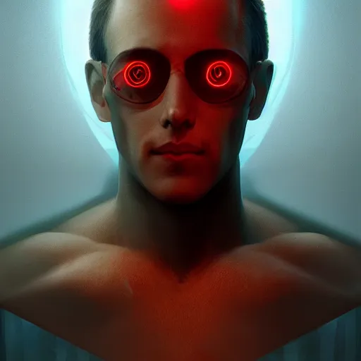 Image similar to a man with laser point between the eyes, tech divice, fullbody, sci - fi art, artstation