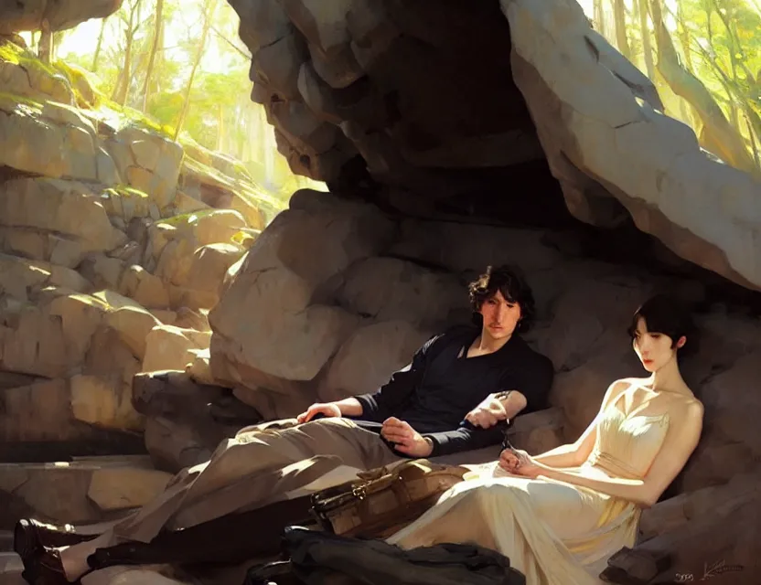 Image similar to ben solo and rei sitting together in a large dark cave, tired, painted by krenz cushart, mucha, ghibli, by joaquin sorolla rhads leyendecker, by ohara koson