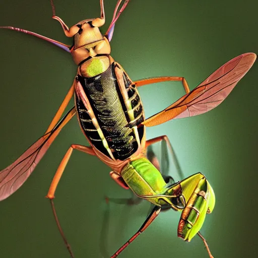 Prompt: wasp and praying mantis morphed together, half praying mantis and half wasp, praying mantis like proportions,