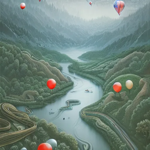 Image similar to landscape with forest, river and mountains made of all kinds of baloons , concept art, huge scale, high detail, sci fi by James Jean