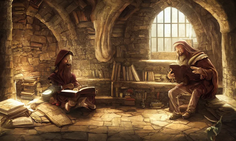 Prompt: Fantasy painting of a wizard reading a book in his basement, digital art, highly detailed, 4K, ArtStation