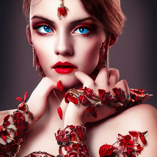 Image similar to wonderful princess with smooth fair skin, alluring eyes, red jewelry, breathtaking, elegant, intricate, hyper detailed, accent lighting, 4 k glamour photography, octane render