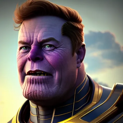 Image similar to a portrait of elon musk as thanos, the pixar adaptation, with same hairstyle, angry facial expressions, hyper detailed, digital art, trending in artstation, cinematic lighting, studio quality, smooth render, unreal engine 5 rendered, octane rendered