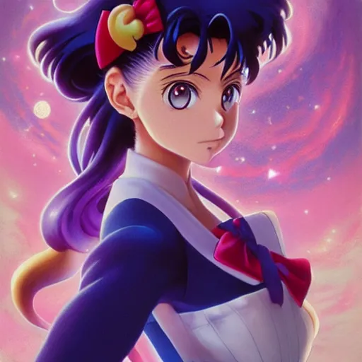 Prompt: highly detailed vfx portrait of sailor moon!!! by eiichiro oda!, stephen bliss, greg rutkowski, loish, rhads, beeple, makoto shinkai, tom bagshaw, alphonse mucha, sharp focus, art by artgerm and greg rutkowski, stanley kubrick, backlit, harsh overhead sunlight,