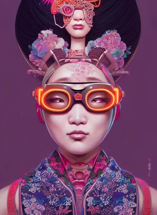 Image similar to portrait illustration of female japanese humannoid wearing a vr eyewear and very detailed and intricate geisha kimono dress, intricate detail, cyber neon lighting, highly detailed, artstation, glamor pose, concept art, art by peter mohrbacher and boris vallejo and liam wong, pinterest, artstation, digital painting,