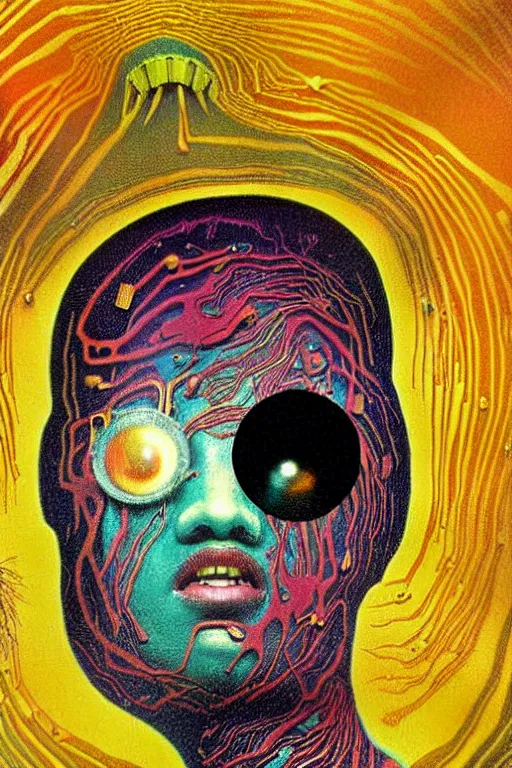 Image similar to 8 0 s art deco close up portait of mushroom head with big mouth surrounded by spheres, rain like a dream oil painting curvalinear clothing cinematic dramatic cyberpunk fluid lines otherworldly vaporwave interesting details epic composition by basquiat artgerm rutkowski moebius francis bacon gustav klimt