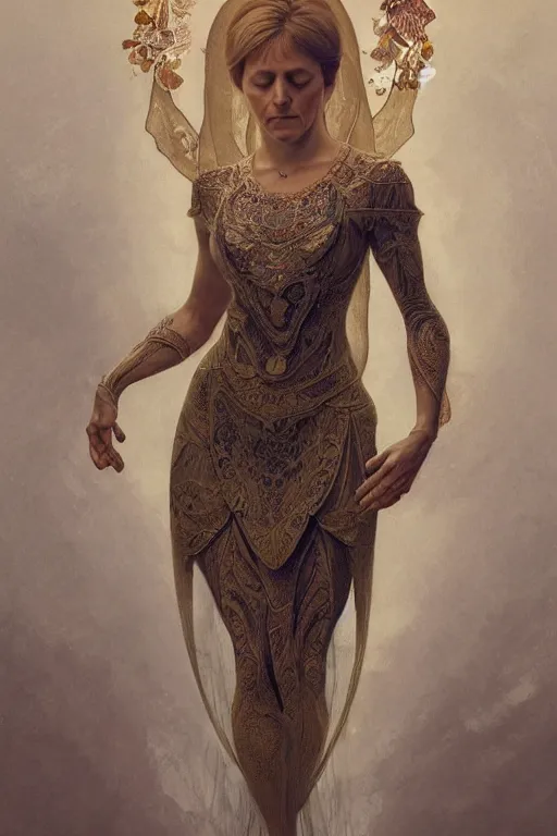 Prompt: a full body portrait of a beautiful ethereal delicate angela merkel meditative ancestral yoga power pose, intricate, elegant, highly detailed, digital painting, artstation, concept art, smooth, sharp focus, illustration, art by krenz cushart and artem demura and alphonse mucha