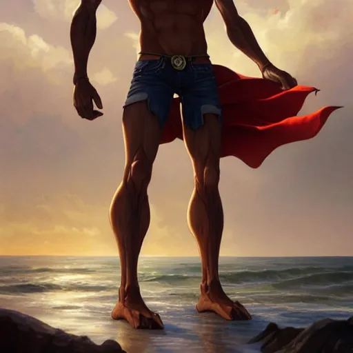 Image similar to a male horse humanoid stansing on the beach,wearing red shorts,anthropomorphic,Character design by charlie bowater, ross tran, artgerm, and makoto shinkai, detailed, inked, western comic book art, 2021 award winning painting,digital art,ultra realistic,ultra detailed,art by greg rutkowski,muscular,detailed face,hyperdetailed,hyperrealistic,detailed face,photorealistic,realistic,4k,SFW