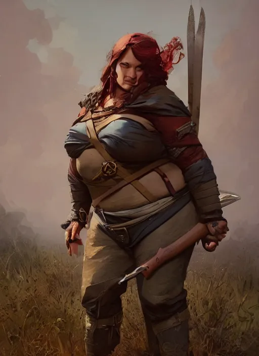 Image similar to hyper realistic photo of medieval chubby beautiful rogue hunter girl, full body, rule of thirds, conceptart, saturated colors, cinematic, greg rutkowski, brom, james gurney, mignola, craig mullins, artstation, cgsociety