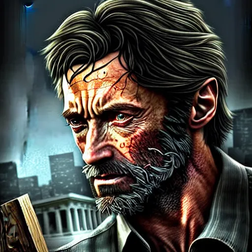 Prompt: beautiful digital art of hugh jackman as joel from the last of us, movie still from the last of us film, hdr, by artgerm
