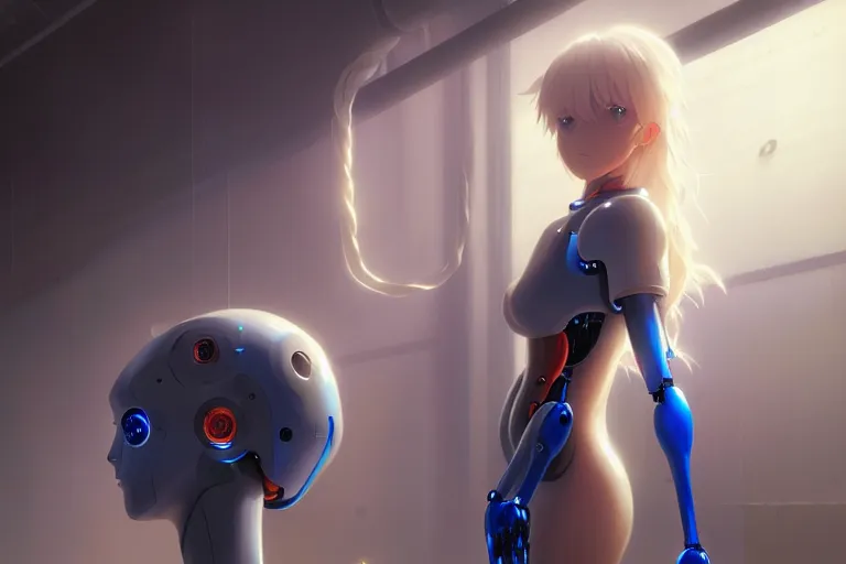 Image similar to datacenter room connects cables young robot server android baroque oil painting finely detailed perfect face flowing long fiberoptics blonde hair robot eyes blue. anime shinkai takeuchi key visual of character concept art metal female robot body suit pixiv fanbox, painted by greg rutkowski