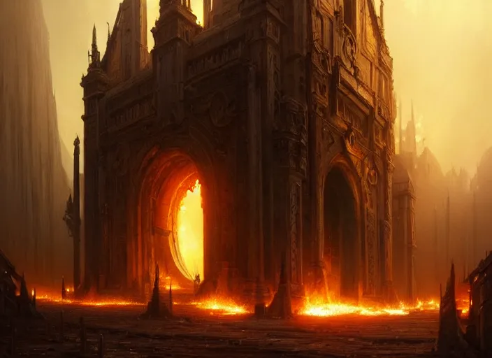 Image similar to huge gate, environment, illustration, fire, smoky, colors, epic scene, fantasy art by greg rutkowski, symmetrical, golden raito, high quality, intricate details, details, intricate, atmosphere, highly detailed, matte painting, cinematic, deviantart, realistic, concept art, 4 k