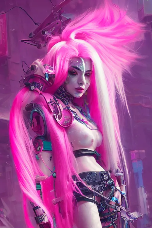 Image similar to jinx from league of legends, long pink hair, cyberpunk futuristic neon. decorated with traditional japanese ornaments by ismail inceoglu dragan bibin hans thoma greg rutkowski alexandros pyromallis nekro rene maritte illustrated, perfect face, fine details, realistic shaded, fine - face, pretty face