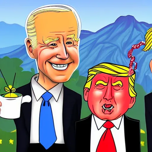 Image similar to cartoon drawing of Biden and Trump together drinking a lemon drink with Rio de Janeiro mountains on the background