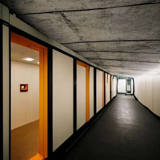 Prompt: noisy photograph of outside tiny homes in liminal underground, office ceiling panels, retrofuturism, brutalism, minimalist, cinematic, soft vintage glow