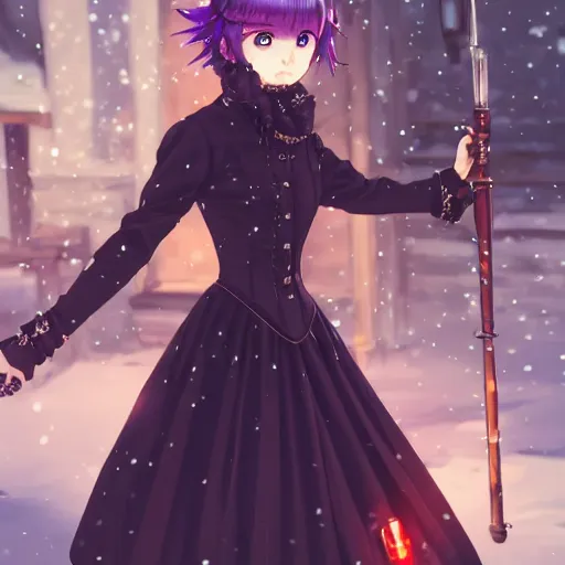 Image similar to wearing full clothing in full clothing victorian dress, beautiful anime woman, purple hair, red eyes, weapon, steampunk, symmetrical face, symmetrical eyes, full round face, short smile, detailed, winter setting, cinematic lighting, medium shot, mid - shot, makoto shinkai, artgerm, ilya kuvshinov, loish