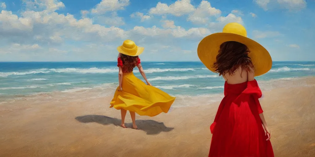 Image similar to beautiful oil matte portrait painting, young woman with red dress and mustard yellow summer hat at a beach on a sunny day, wonderful masterpiece highly detailed, beautiful cinematic light deep focus, elegant, digital painting, smooth, sharp focus, golden ratio, dramatic illumination, ultra realistic, 8 k, art by jimmy law