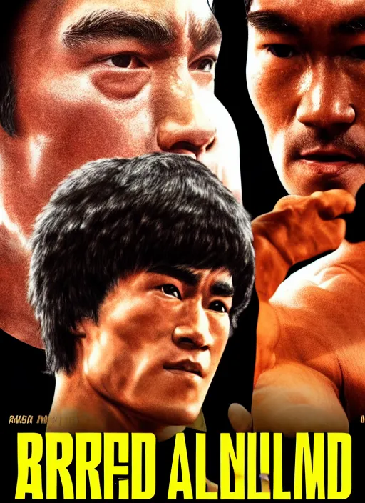 Image similar to Film poster Arnold Schwarzenegger VS Bruce lee , faces look at each other, detailed and realistic, 4k, filmic render